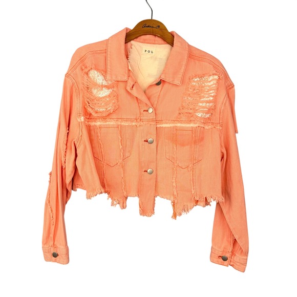 POL Jackets & Blazers - POL Denim Jacket Womens Large Peach Distressed Sequin Love Cropped Frayed